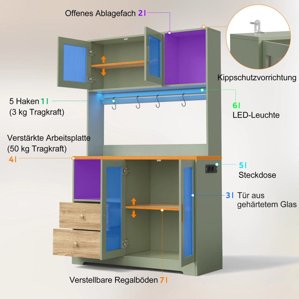ARMADIO CUCINA 110x40x178 cm MDF Verde Antico con LED e prese USB