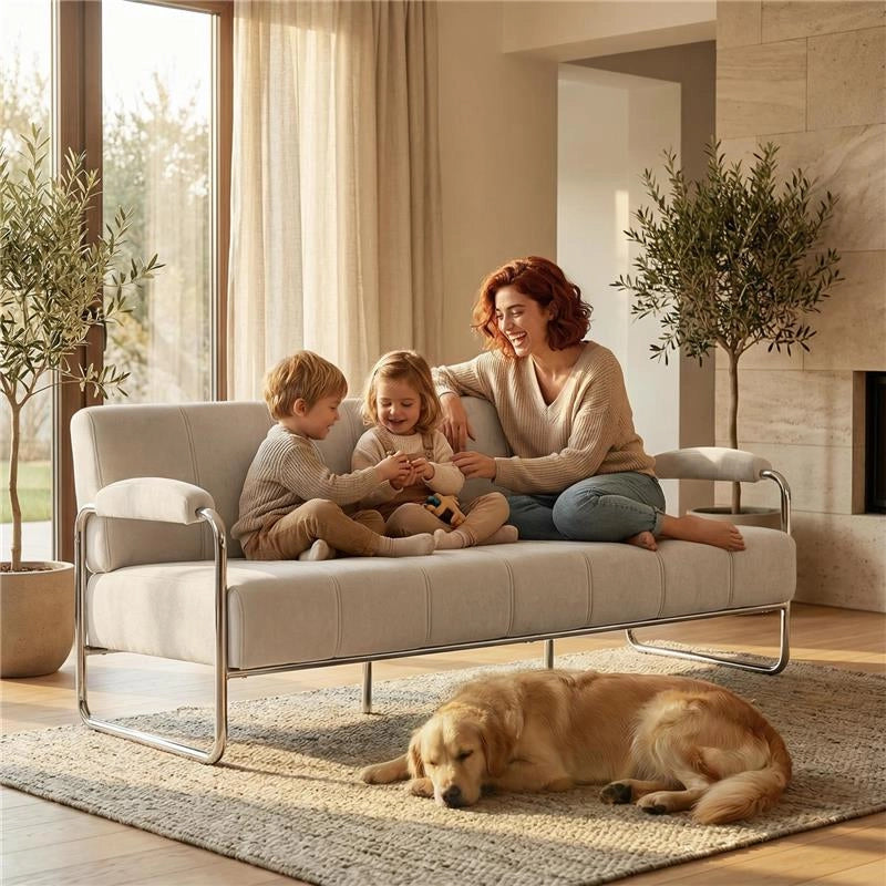 DIVANO 3 POSTI MODERNO RIVESTITO IN CINIGLIA BEIGE, IN ACCIAIO, SPUGNA E PANNELLO MULTISTRATO, 174X75X76 CM