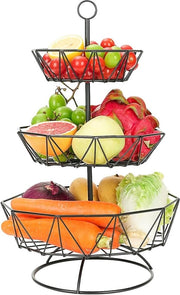 Fruitiera a 3 livelli, etagère per frutta, grande ciotola per frutta per più spazio sul piano di lavoro, etagère, nera con ciotole per frutta
