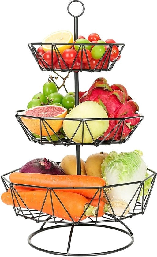 Fruitiera a 3 livelli, etagère per frutta, grande ciotola per frutta per più spazio sul piano di lavoro, etagère, nera con ciotole per frutta