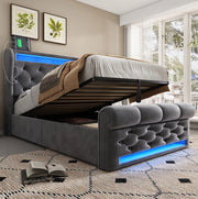 Letto imbottito 90x200 cm grigio con materasso, LED, USB-C e vano contenitore