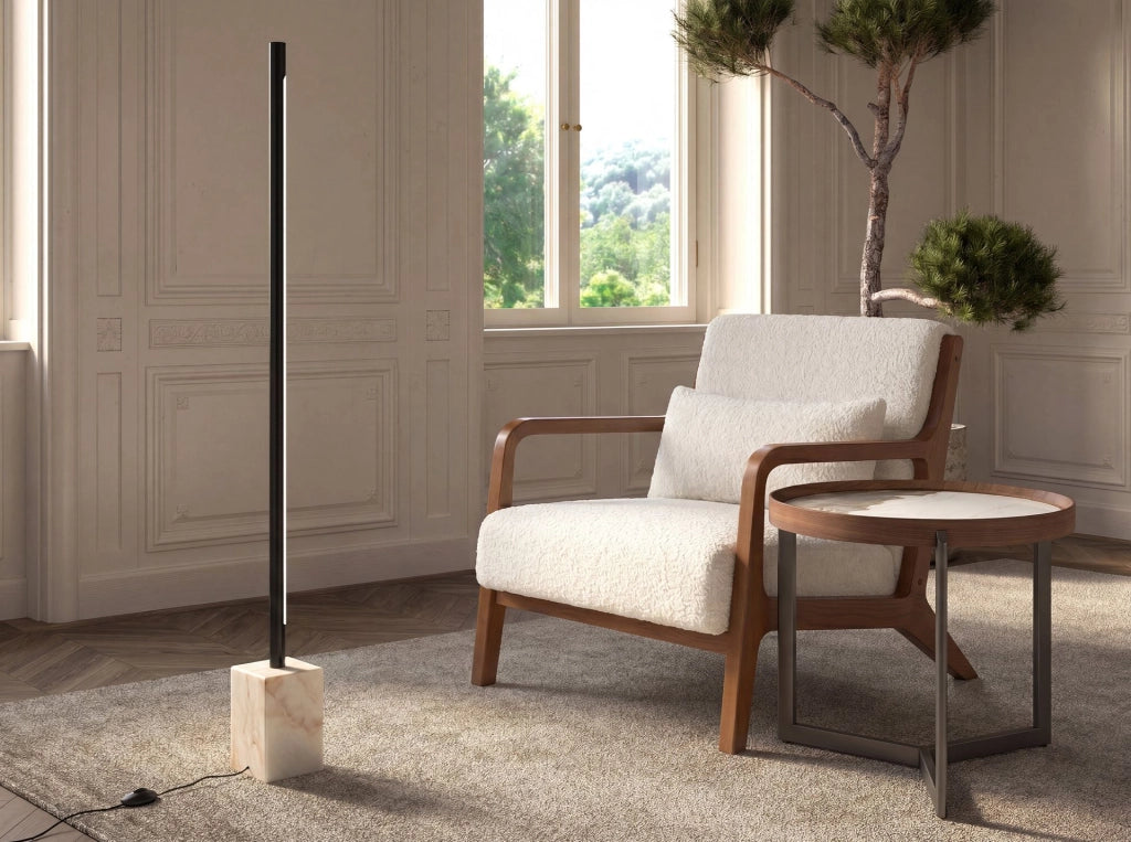 Lampada da terra in acciaio nero con base in marmo porcellanato