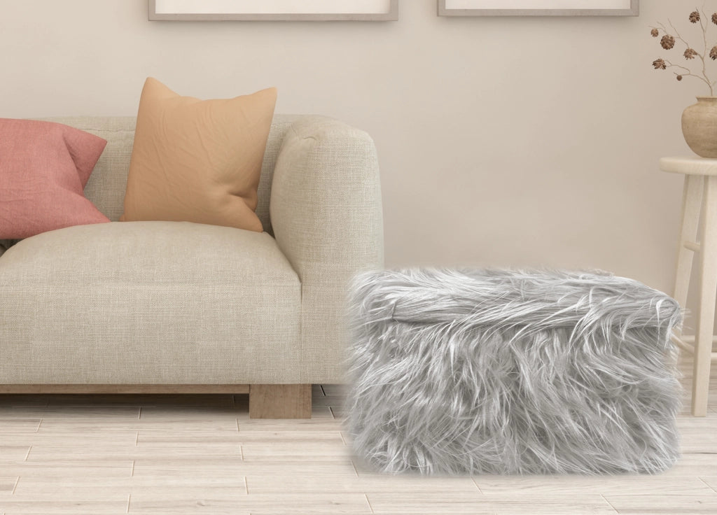 Pouf Contenitore Salotto/Camera Quadrato Con Pelo Modello Double Yeti In Tinta Unita - Pouf - Grigio