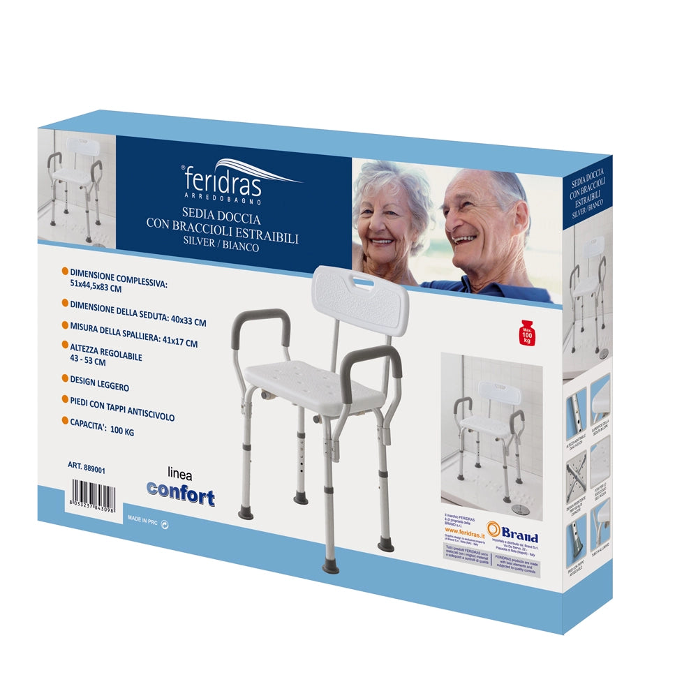 SEDIA DOCCIA BRACCIOLI E SCHIENALE COMFORT ALTEZZA REGOLABILE 43-53cm FERIDRAS 889001