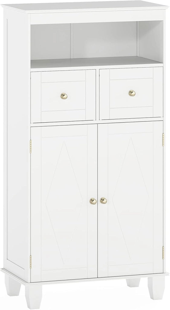 Armadietto da bagno da 108 cm, autoportante con 2 cassetti, ripiano regolabile e ripiano aperto, 56 x 30 cm, per lavanderia e ingresso (bianco)