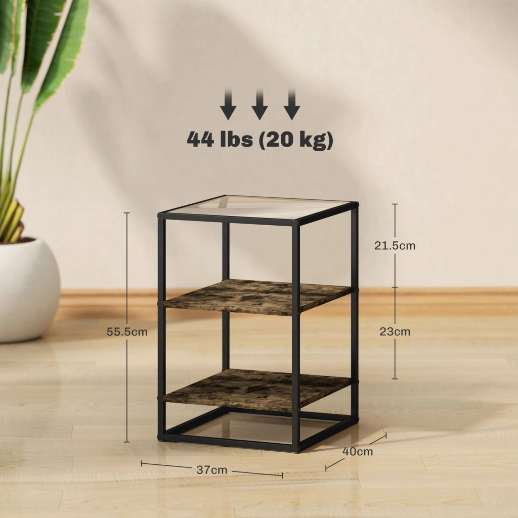 Set 2 Tavolini a 3 Livelli in Legno e Metallo con Piano in Vetro Temperato 37x40x55,5 cm Marrone