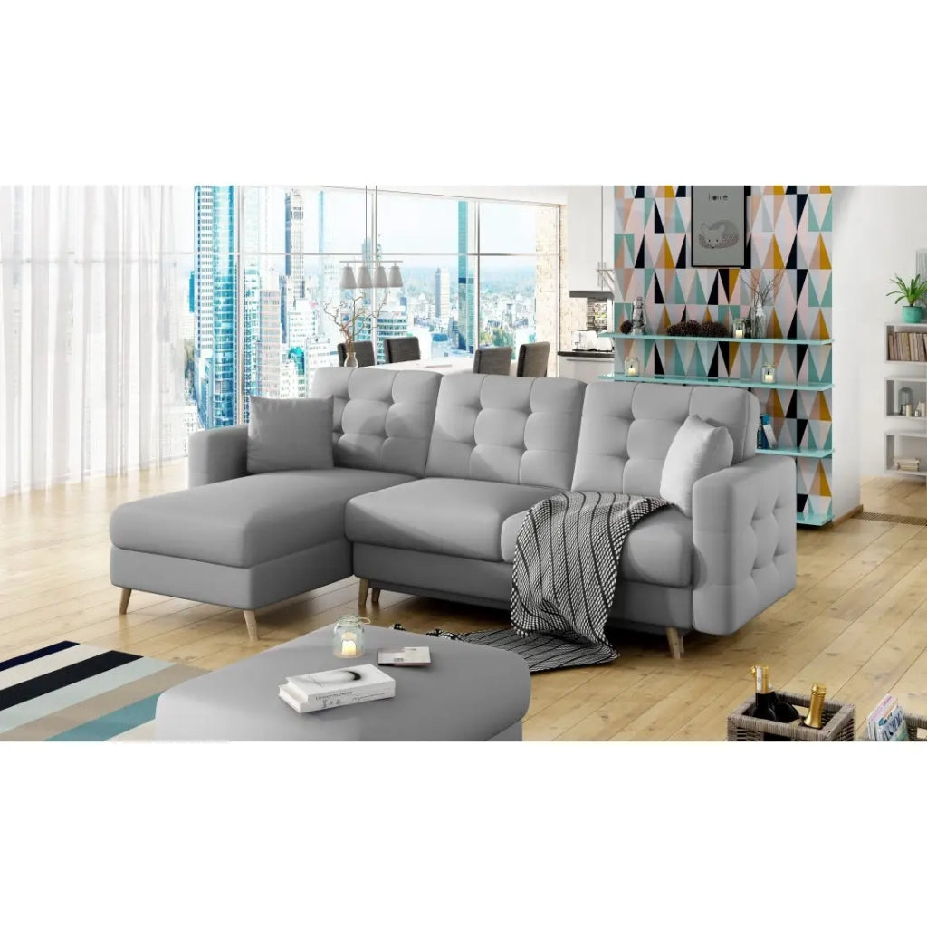 Divano angolare trasformabile HASGARD 3 posti grigio 248x162 cm – con vano contenitore e piedi in legno