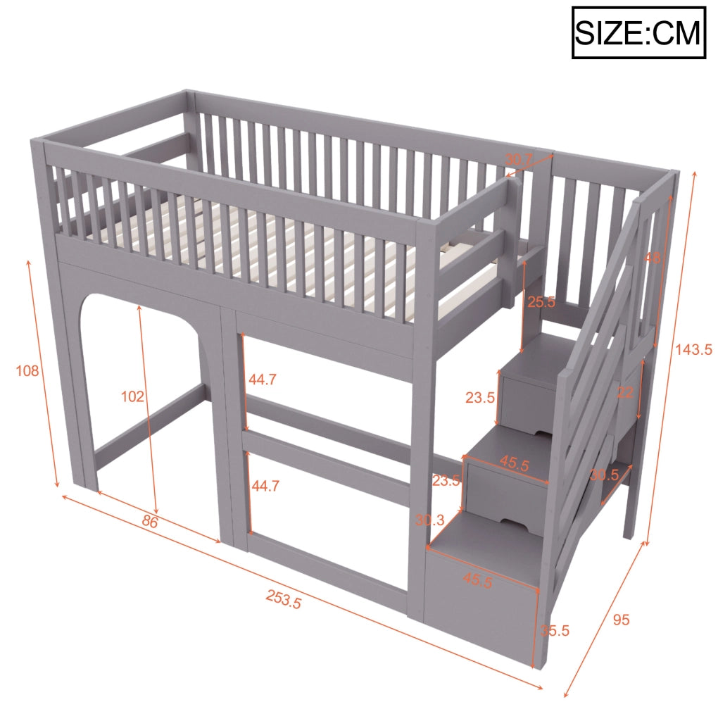 Letto a soppalco per bambini 90x200 cm con scala contenitore e LED