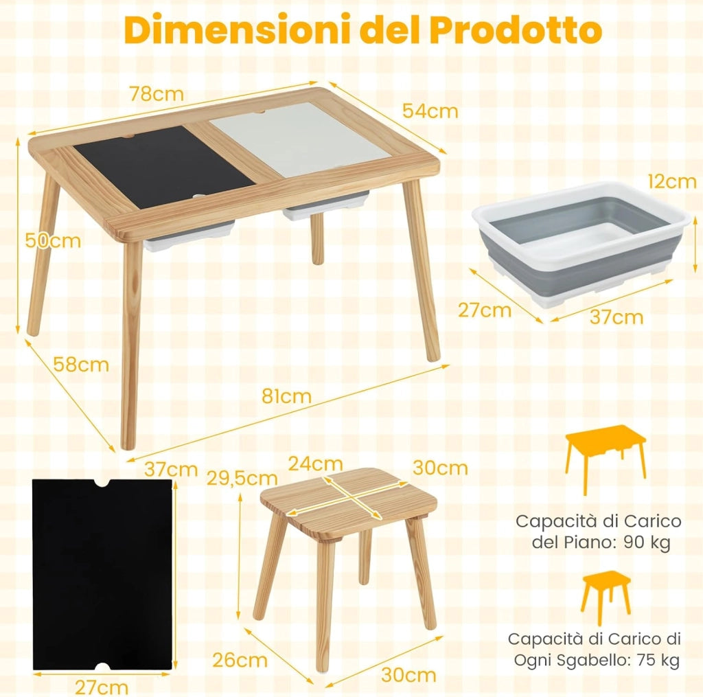 Set Tavolo con 2 Sedie per Bambini 3+ Anni, Tavolo e Sedie con Piano Doppio Lato Rimuovibile e 2 Contenitori, Gambe Robuste in Legno, Tavolo Attività per Gioco e Disegno (con Sedie Quadrate)