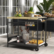 Carrello servitore da giardino a 2 livelli in legno di abete con cesto metallico e portabottiglie