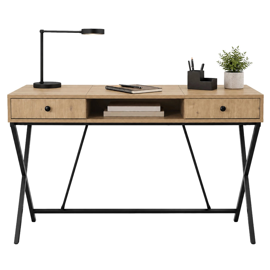 Scrivania PC industriale Rovere Artisan CROSSLINE 120 cm 2 cassetti 1 ripiano gambe nere