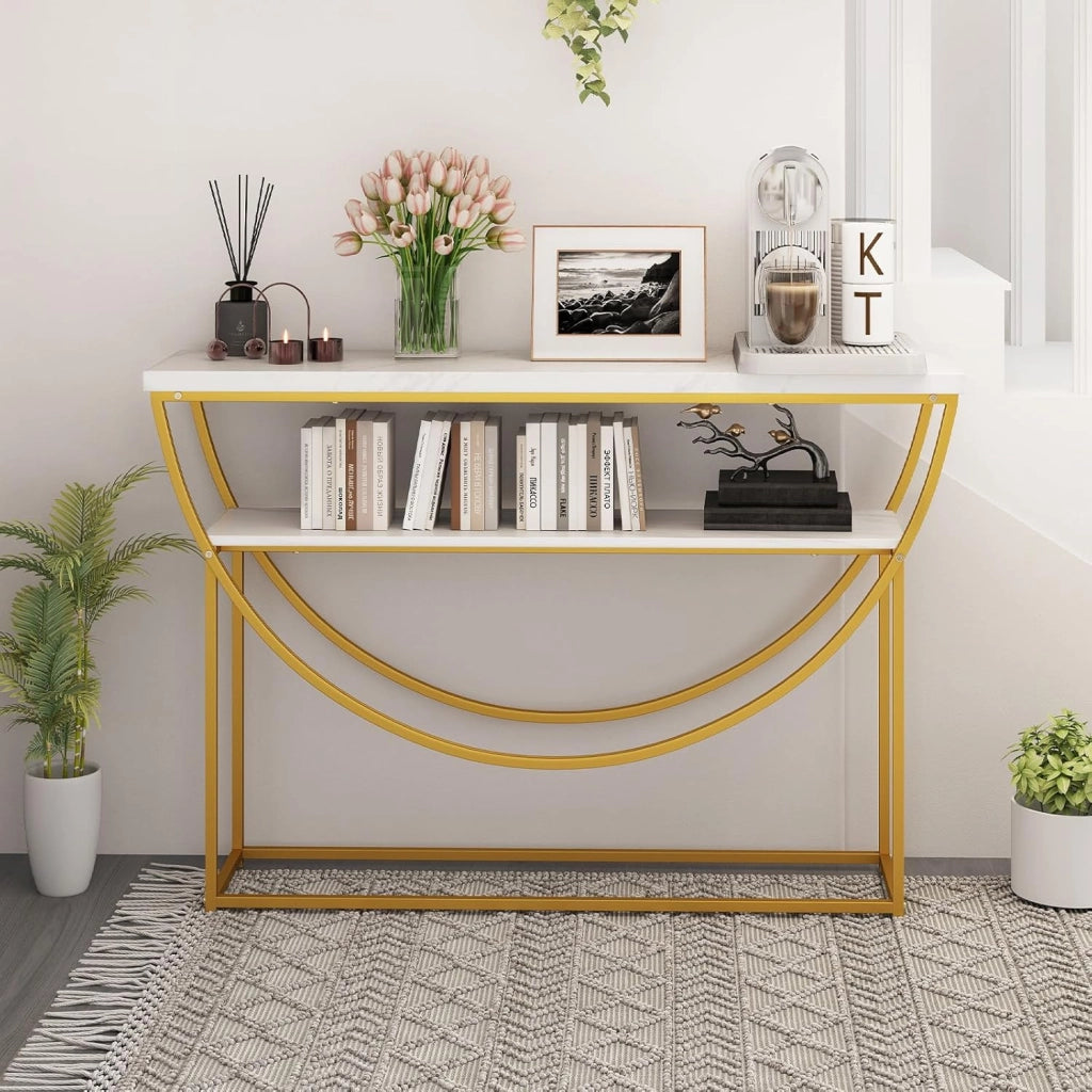 Tavolo consolle a 2 livelli, 120 x 30 x 80,5 cm, effetto marmo e telaio in metallo, tavolino ausiliario stretto per ingresso, corridoio e soggiorno