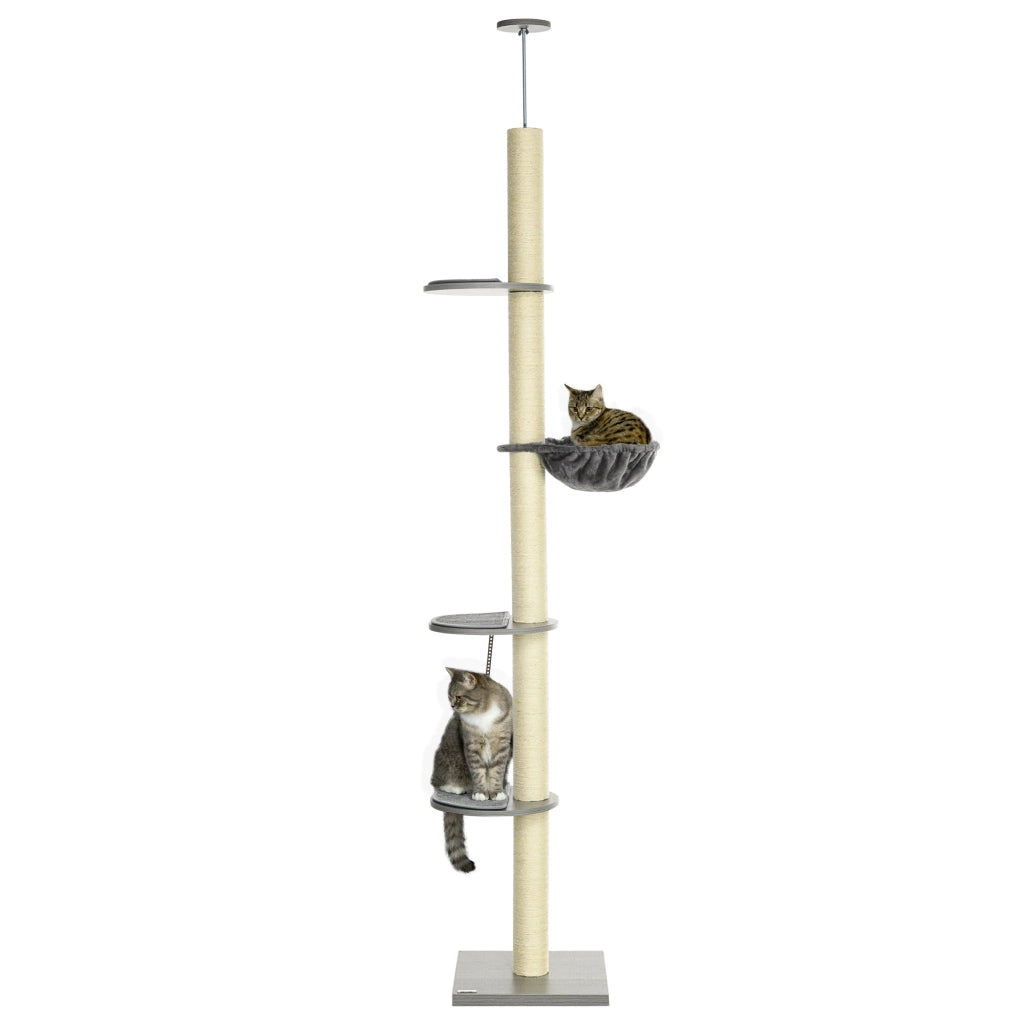 Albero tiragraffi da soffitto regolabile 230-250 cm grigio con tiragraffi, pedane e amaca per gatti fino a 5 kg