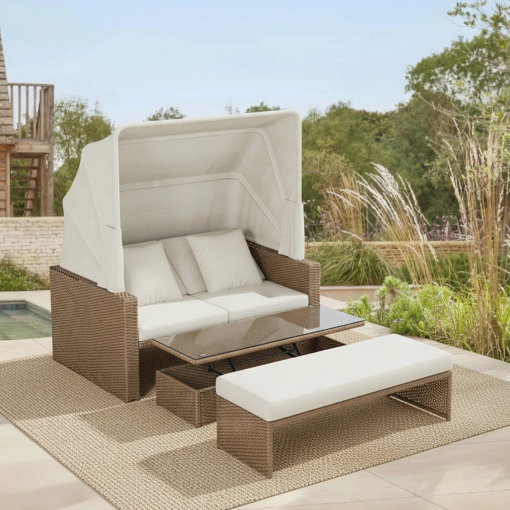 Mobili giardino polyrattan 2-4 persone: Divanooo lounge + tavolino regolabile + tendalino; kaki