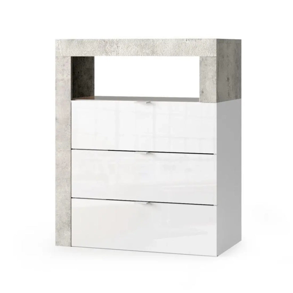Comò per il bagno BURA – 3 cassetti – L64 cm – Bianco lucido laccato e grigio effetto cemento