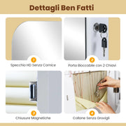 Specchio Portagioie da Parete, con 6 Luci LED, Armadietto per Gioielli a Muro, Ganci e Scomparto, Portagioie Donna Salvaspazio con Serratura per Camera da Letto