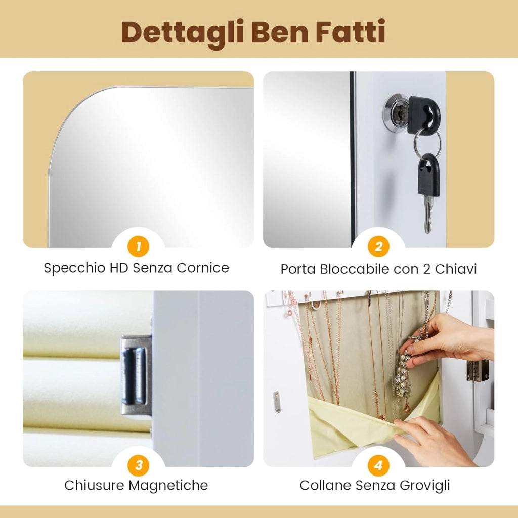 Specchio Portagioie da Parete, con 6 Luci LED, Armadietto per Gioielli a Muro, Ganci e Scomparto, Portagioie Donna Salvaspazio con Serratura per Camera da Letto