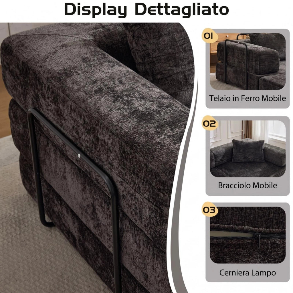 Divano compatto, divano letto pieghevole, moduli senza struttura, tessuto chenille, nero