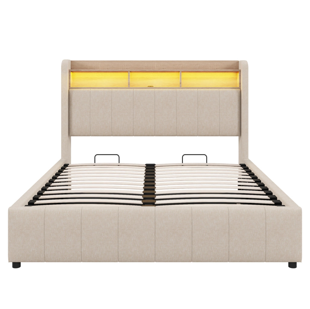 Letto imbottito ULEVR 140x200 cm con contenitore idraulico, LED, USB e Type-C, testiera con ripiani, beige