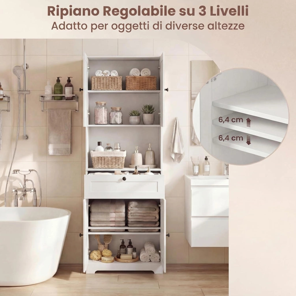 Mobile da Bagno Salvaspazio, Mobile da Terra con 4 Ante, 1 Cassetto, Vano Aperto e Ripiani Regolabili, Credenza Dispensa Cucina in Lgeno per Soggiorno e Ingresso, 60 x 35 x 171,5 cm (Bianco)