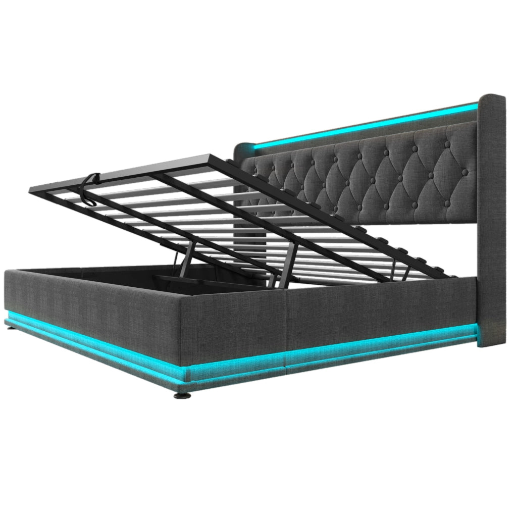 Letto imbottito 180x200 cm con LED; contenitore idraulico; USB Type-C; lino grigio