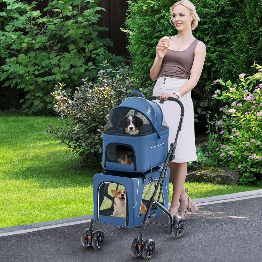 Passeggino per animali a 2 posti per 2 cani o gatti con 2 trasportini rimovibili-Passeggino 3 in 1 pieghevole per cani Blu
