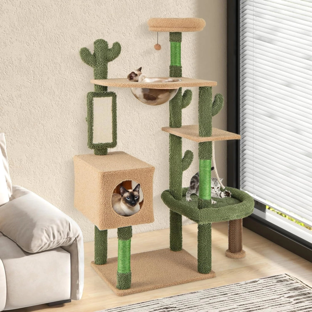 Tiragraffi per Gatti 150 cm, Torre di Gatti Multilivello con Pali per Graffio in Sisal e Giocattolo Pendente, Centro Attività per Gatti a Forma di Cactus da Interno