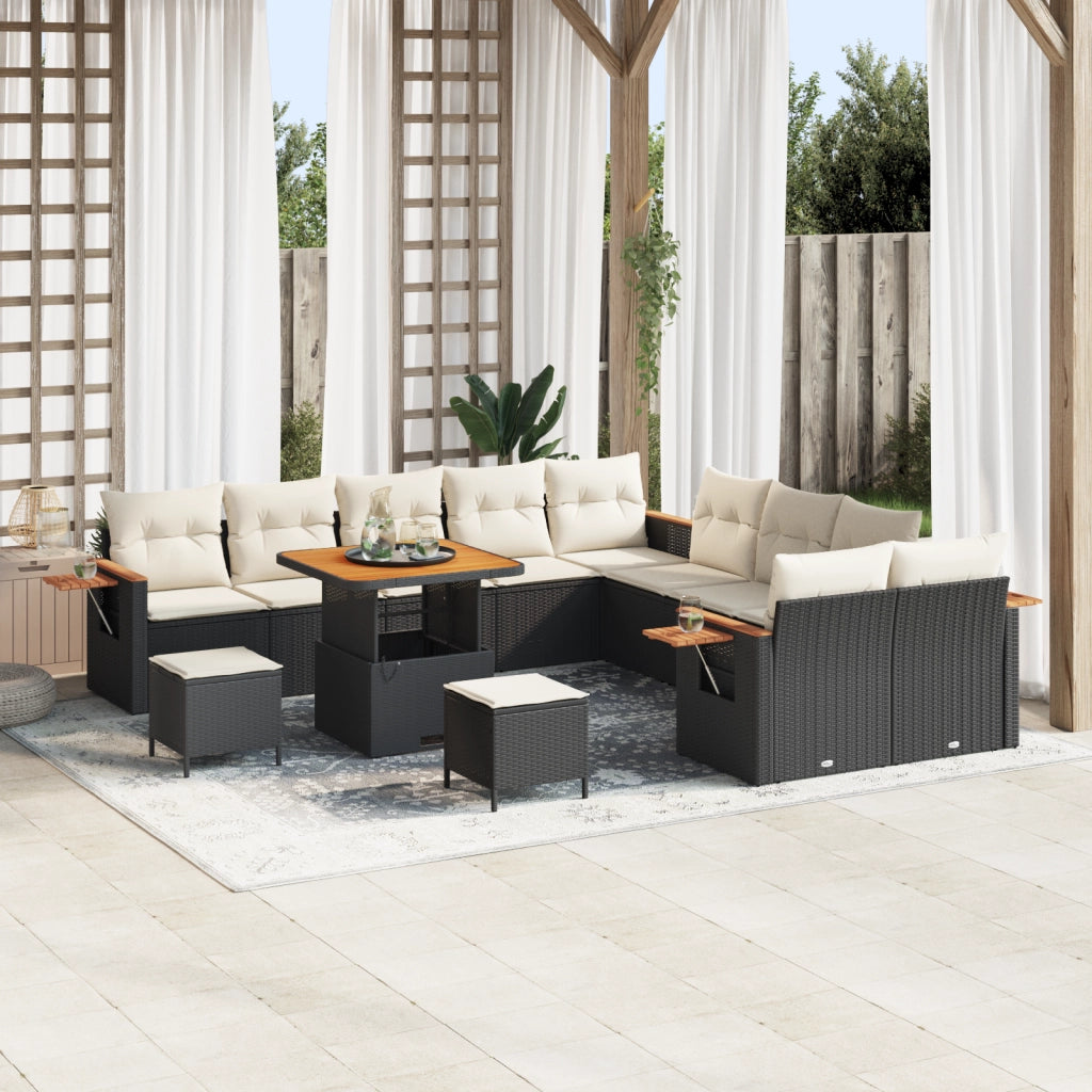 Set Divano da Giardino da 13 Pezzi con Cuscini in Rattan Polyrattan Acacia Nero