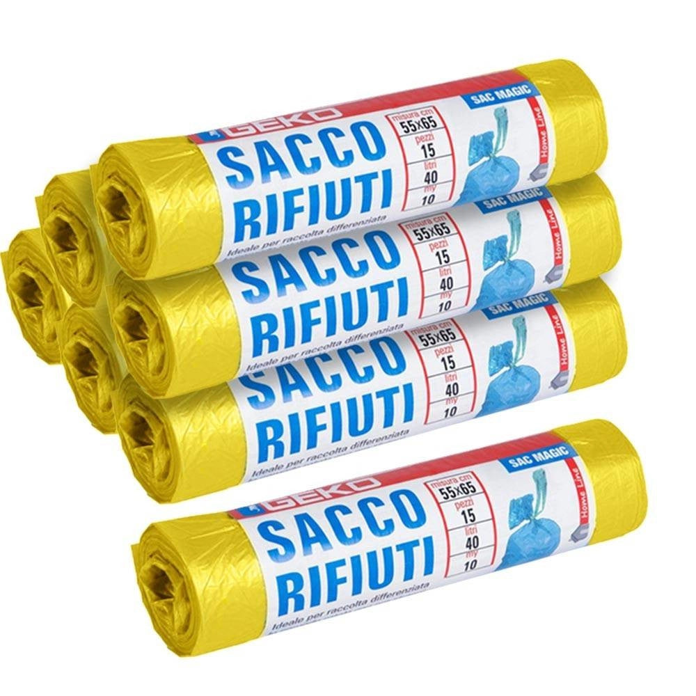 Trade Shop - 7x Rotoli Sacchetti Buste Spazzatura 40lt 55x65cm Chiusura Laccetto Giallo 105pz -