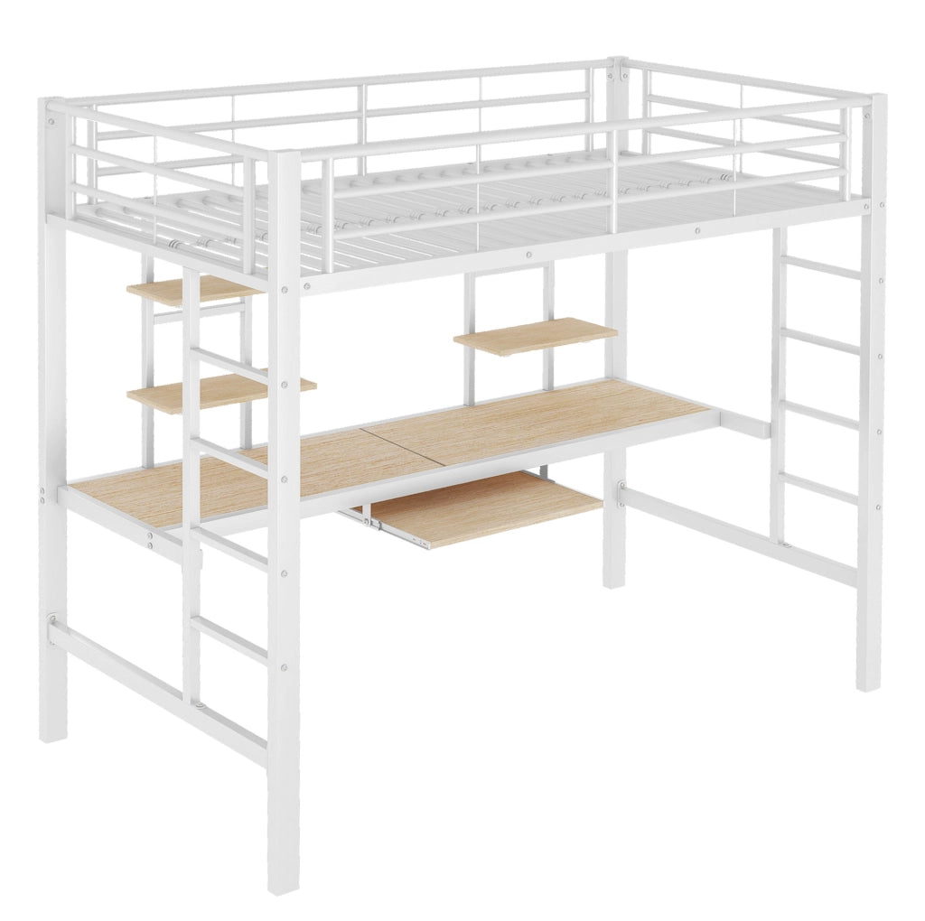 Letto a soppalco in metallo con scrivania e librerie, bianco, 90 x 200 cm