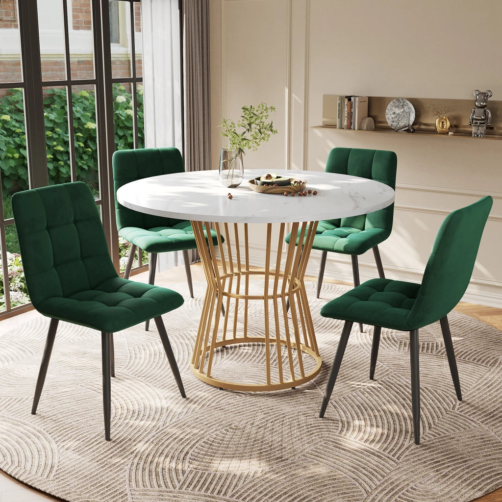 Tavolo da pranzo rotondo con 4 sedie set 5 pezzi, piano effetto marmo, base in metallo, per cucina e sala da pranzo