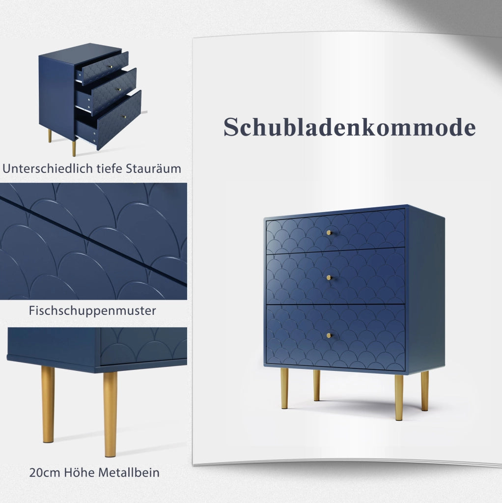 Comò con 3 cassetti blu navy, 75x40x89 cm