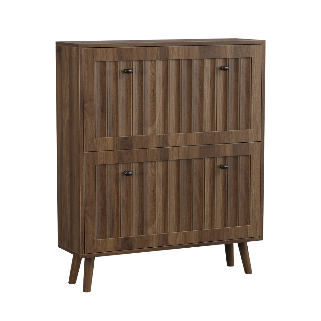 Scarpiera alta 80 cm color noce, design verticale scanalato stile medievale per ingresso e corridoio