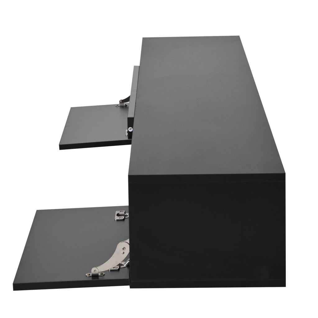 Mobile porta TV sospeso con LED, vani aperti e due ante, finitura lucida nera, 160 × 31 × 22 cm