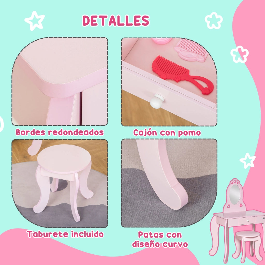 Tocador per bambini con specchio e cassetto ¨C zephmum ¨C 60x36x88 cm rosa