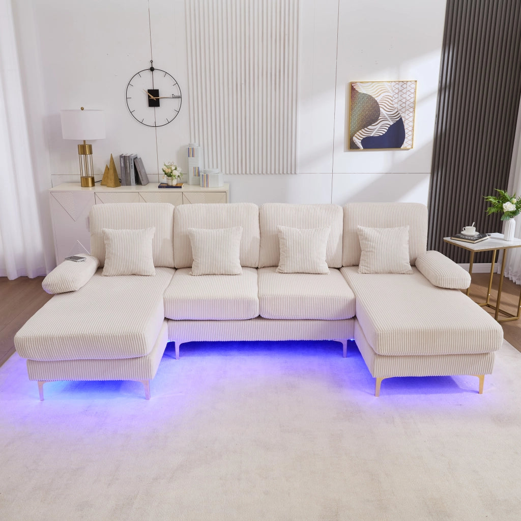 Divano Panoramico a U con Luce Led e Porta Usb; 4 Cuscini; Schienale Ergonomico; Velluto Beige
