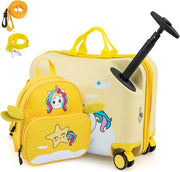 Set di Valigia Cavalcabile 18’’ + Zaino 12’’ per Bambini 2 Pezzi, Bagagli 2-in-1 di con Maniglia Telescopica e 4 Ruote, Trolley Bagaglio a Mano e Zaino per Bambini (Giallo Unicorno-C)