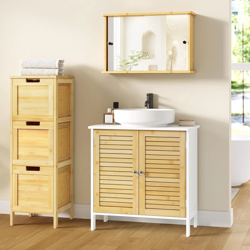 Mobile Sottolavello per Bagno, Mobiletto per Lavabo, Armadio a Pavimento con Ante e Ripiano Regolabile, Colore Bambù Naturale+Bianco, 60x30x60cm