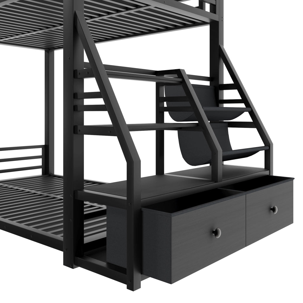 LETTO A CASTELLO 90x200 cm in metallo e legno, nero, con LED e 2 cassetti in tessuto