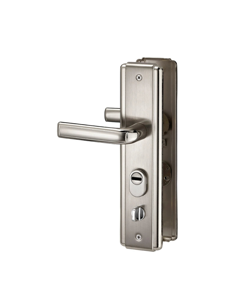 Set maniglia per ingresso, interasse 68 mm, defender integrato, alluminio satinato, destro – THIRARD