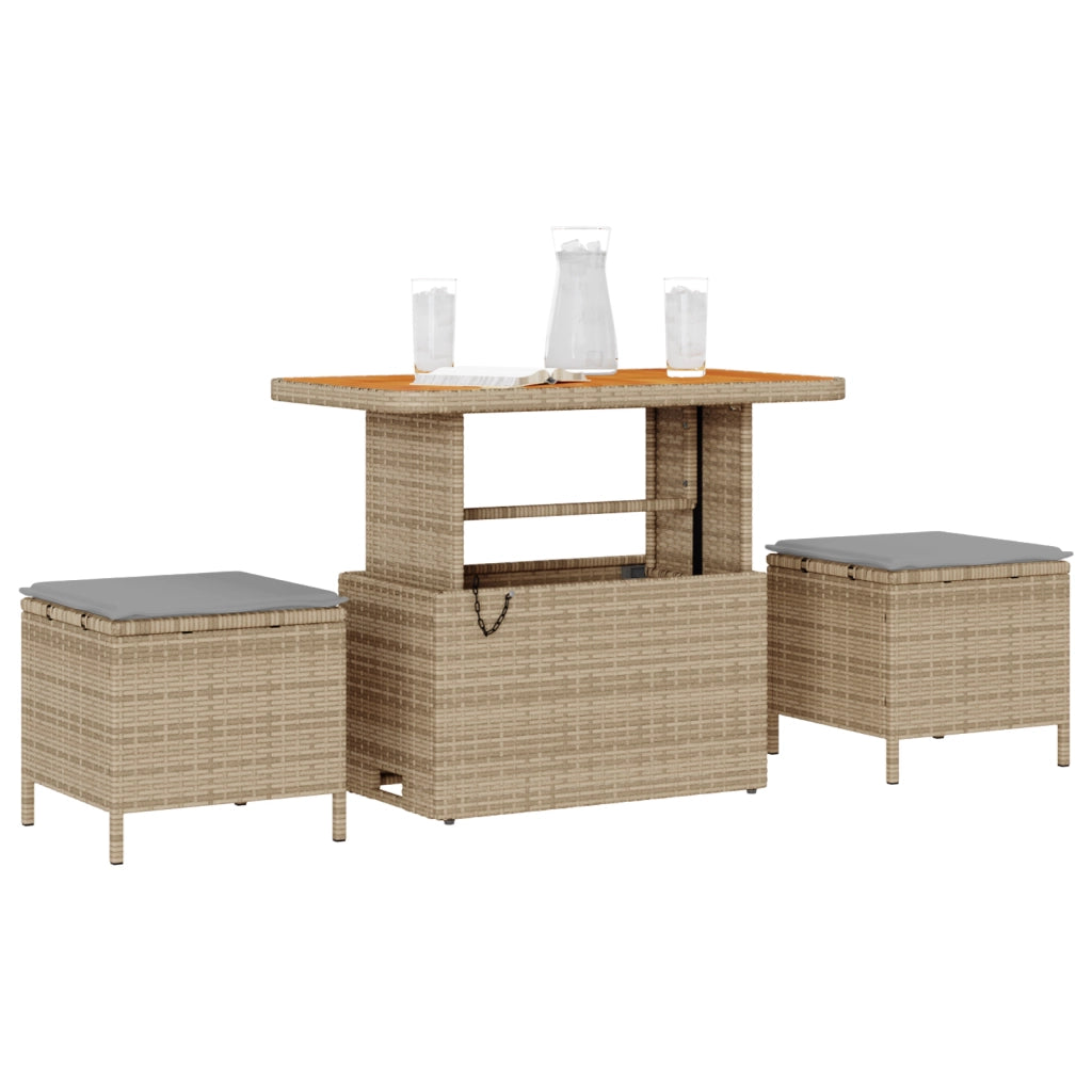 Set da Pranzo da Giardino 3 Pezzi con Cuscini Beige in Polyrattan e Acacia