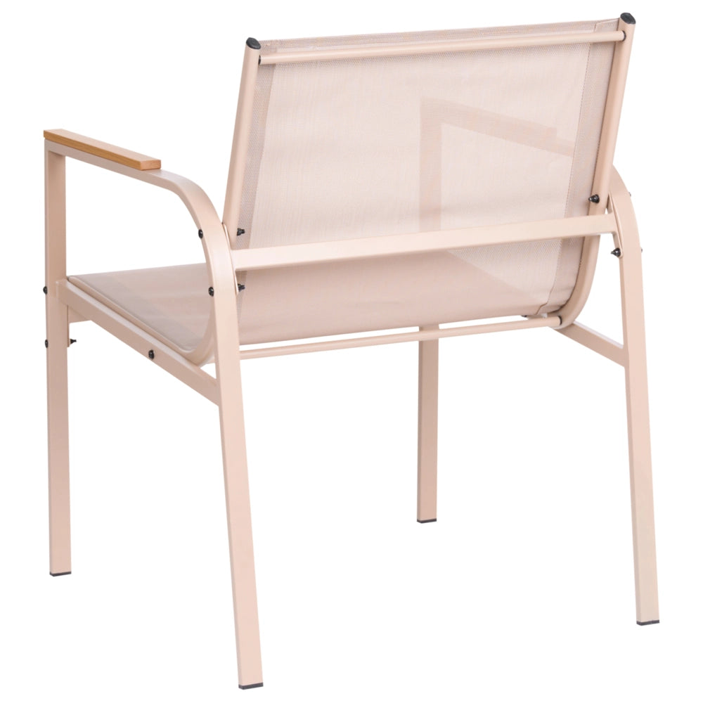 Set da giardino beige in acciaio verniciato a polvere, 4 posti con poltrone e tavolino in vetro, set da conversazione da esterno dal design moderno