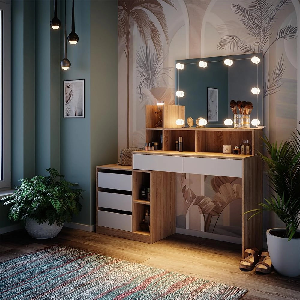 Tavolo da toeletta Anja, Bianco, 139.8 cm con illuminazione a LED e sgabello, Cassetti per organizzare nel disordine
