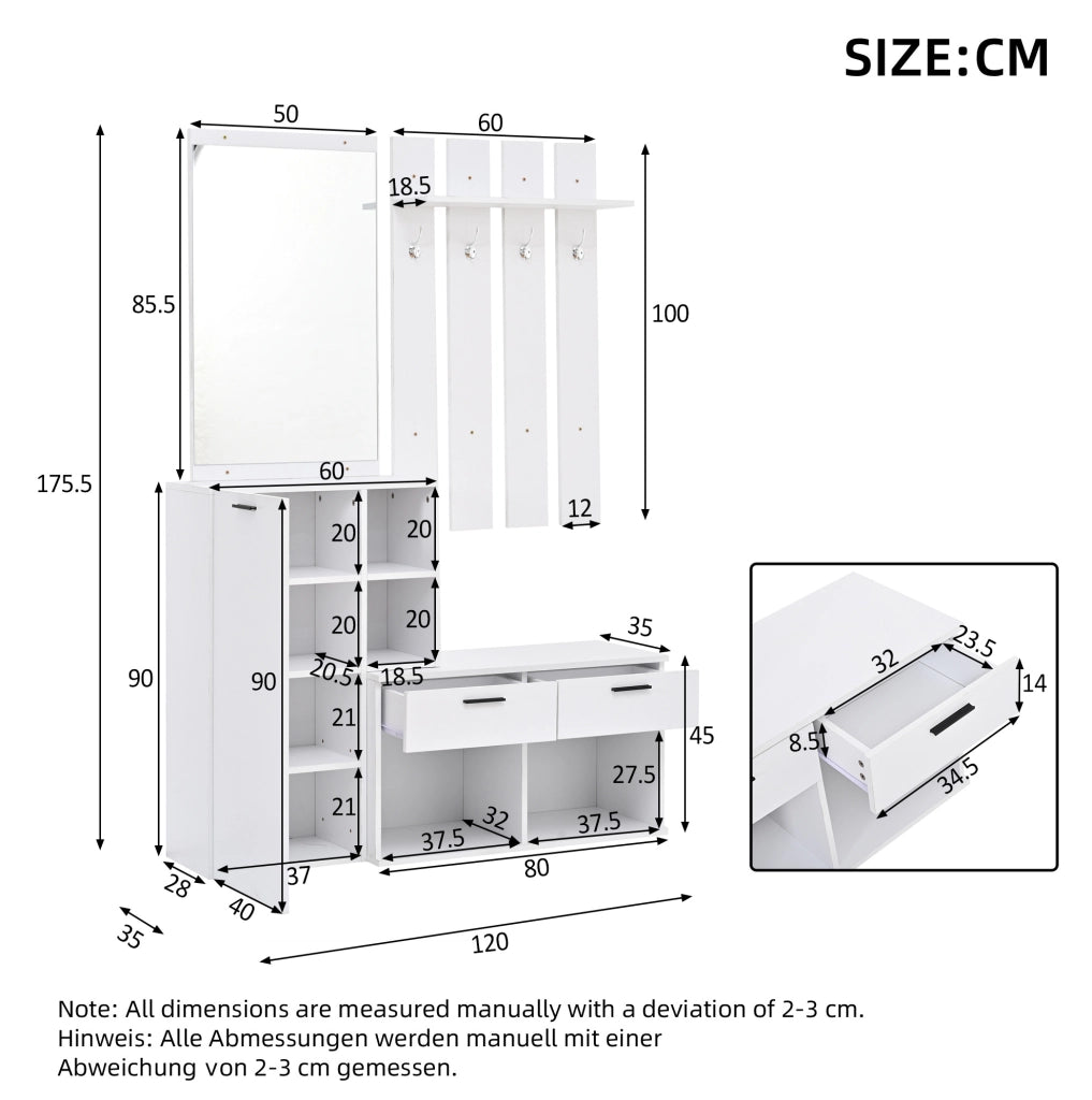 Garderoba da ingresso con specchio; 2 cassetti; 4 ganci e scarpiera 120x35x175;5 cm; bianco