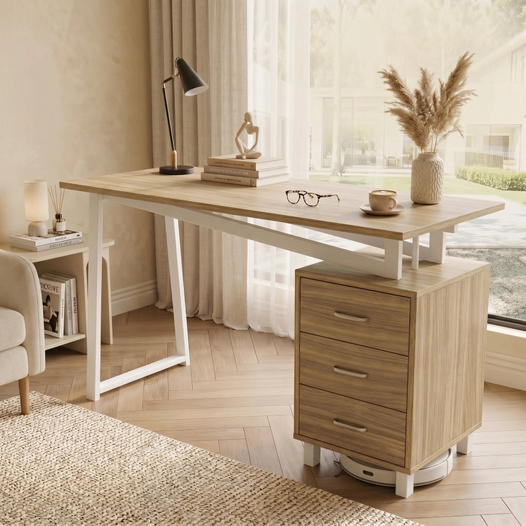 Scrivania con Cassetti e Ripiani in MDF ¨C MINIMAL ¨C Legno Naturale e Bianco 130x55x75
