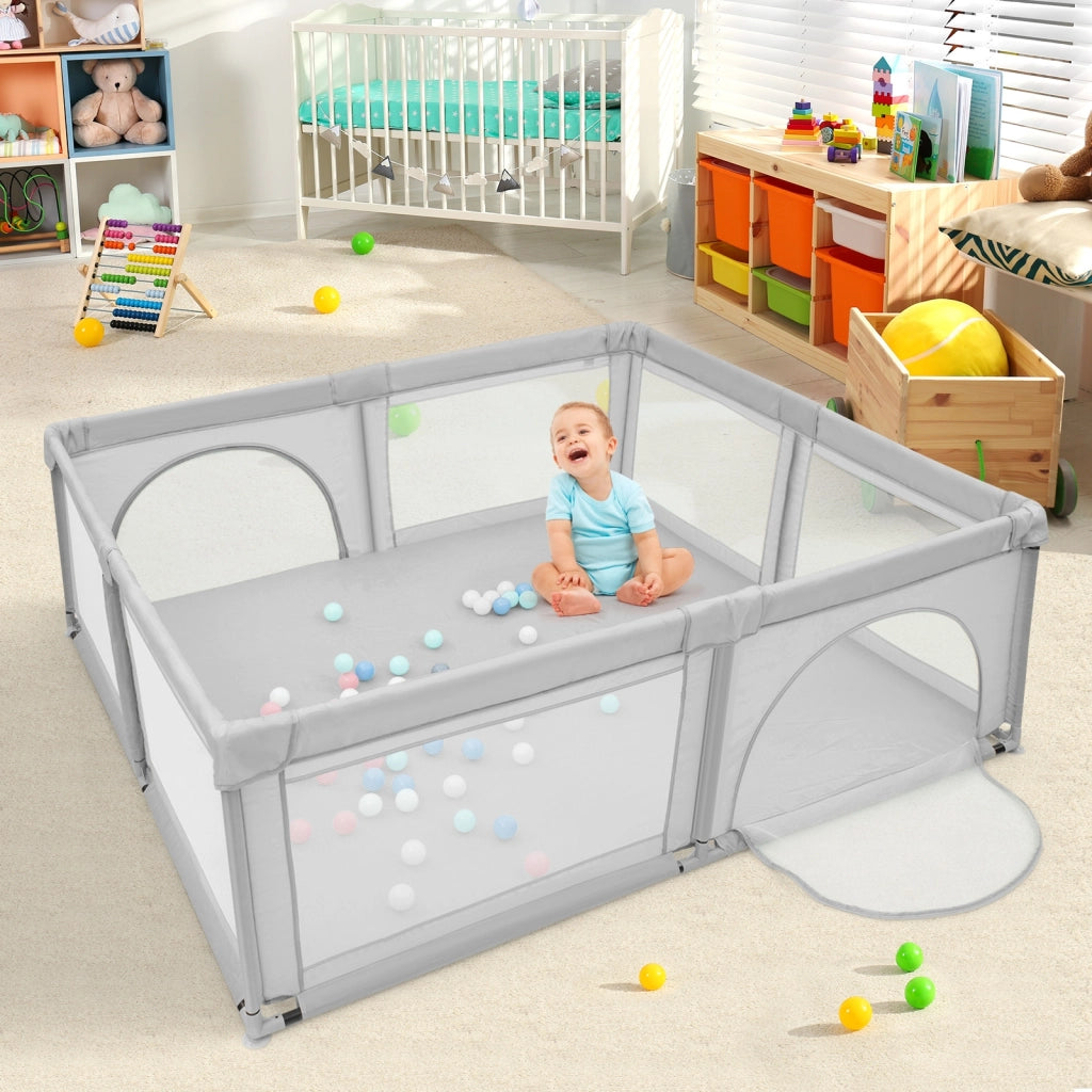 Box per bambini con cancelli di sicurezza per interno, Centro attivit¨¤ portatile 206x185,5x68cm Grigio-Cancelletti di sicurezza
