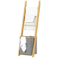 Mobile per Bagno in Bambù con Portasciugamani a 3 Barre e Cesto per Biancheria Sporca Estraibile da 48 L, Grigio