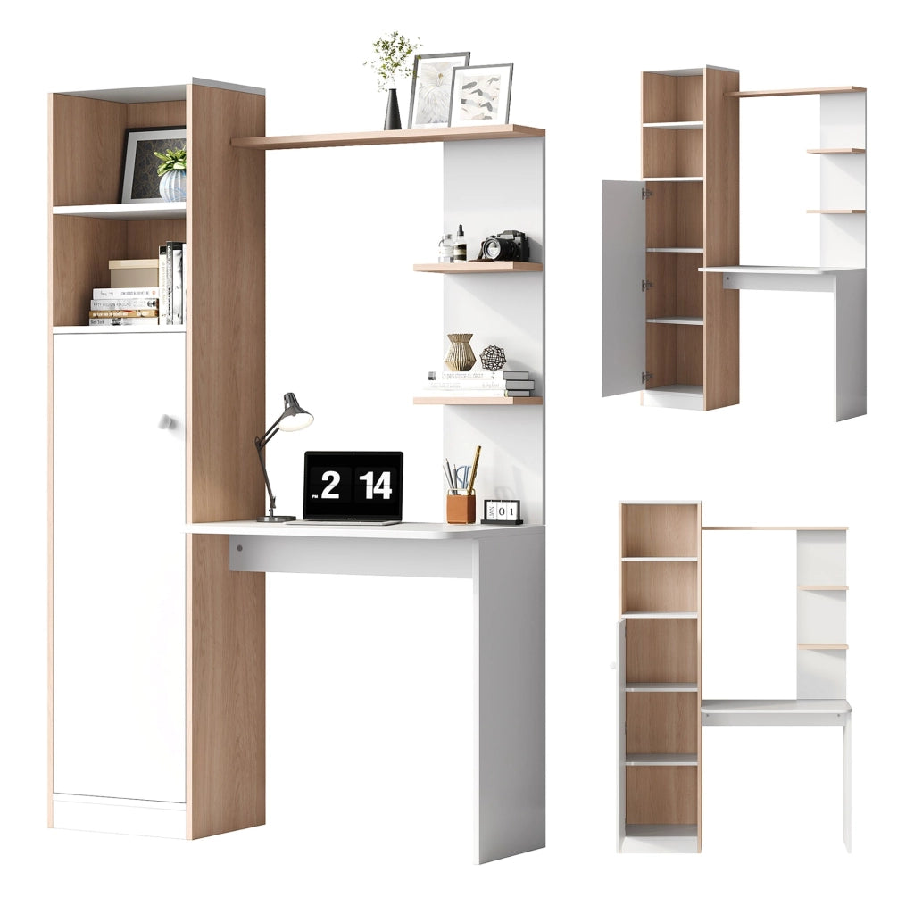 Scrivania con contenitore e scaffalature aperte, design moderno bianco e effetto legno, 123,5x45x168,5 cm