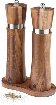 Set di Molini da Sale e Pepe - Sottopiede in Legno - Macinatore Ceramico Regolabile - 2 Pezzi - Legno di Acacia
