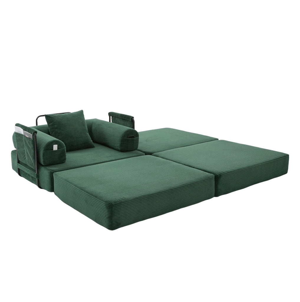 Divano modulare in velluto a coste color smeraldo con pouf; 112 x 190 x 67 cm